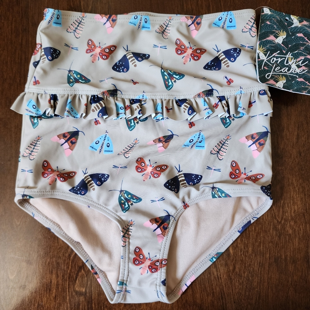Kortni Jeane Beige Butterfly Print Ruffle High-Waist Swim Bottoms